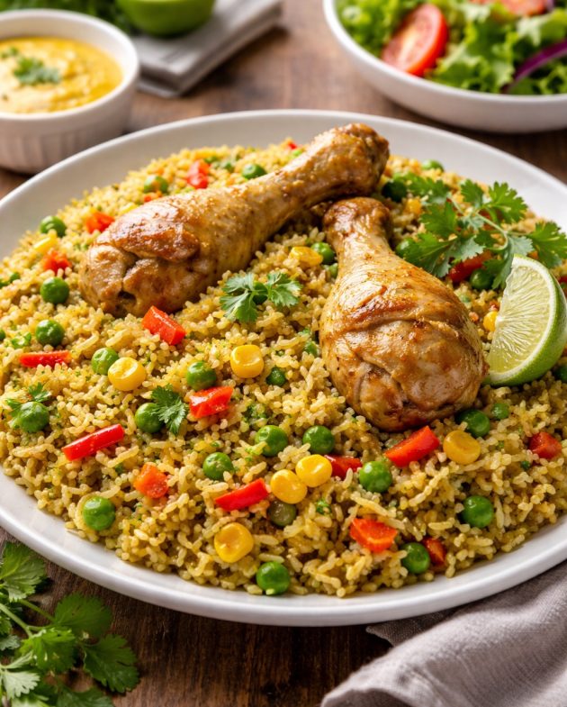 Arroz con pollo peruano casero con verduras