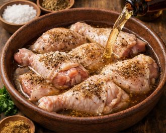 pollo marinado con cerveza, comino, sal y pimienta en preparación casera